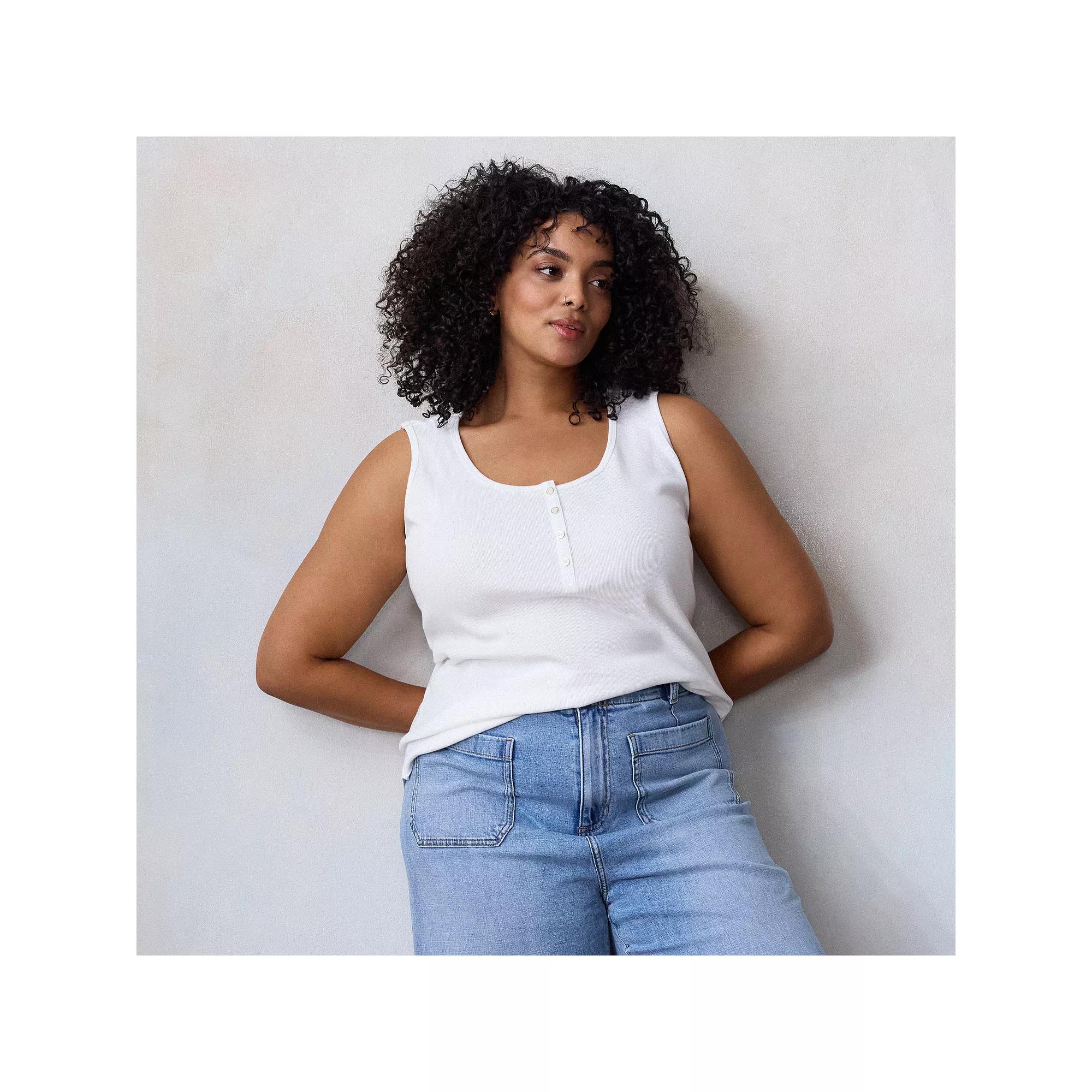 Plus Size LC Lauren Conrad Henley Tank Top, Women's, Size: 0X, Grey White Product Image