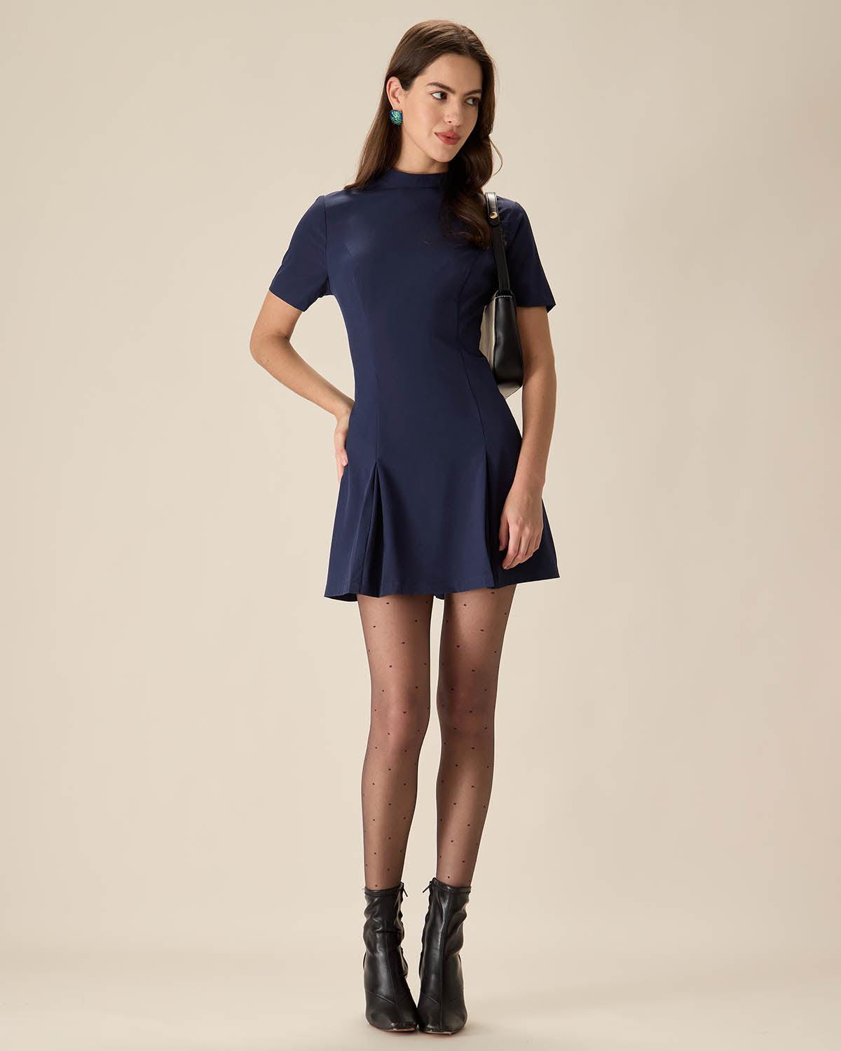 Blue Mock Neck Pleated Mini Dress Product Image