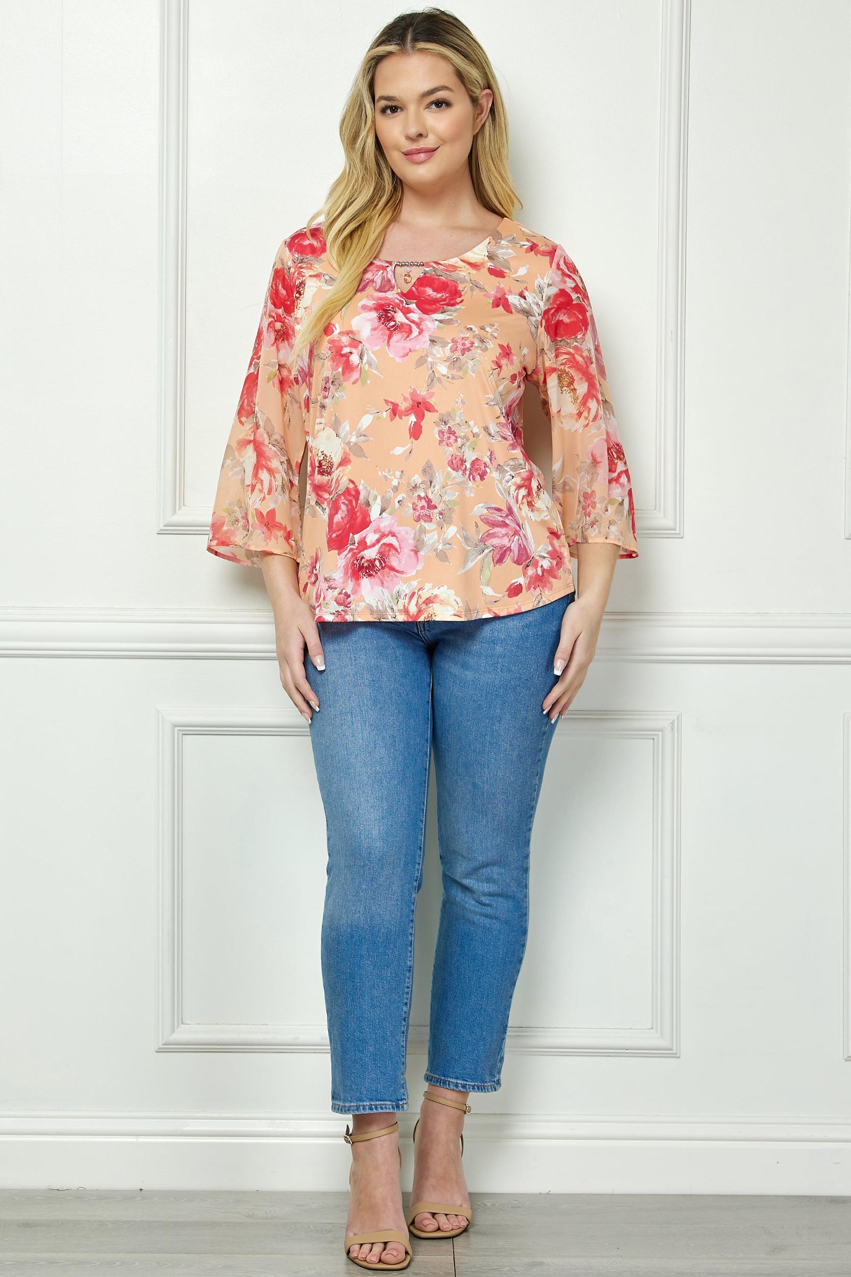 Coral 3/4 Bell Sleeve Cutout Keyhole Trim Front Neck Mix Media Blouse - Plus Product Image