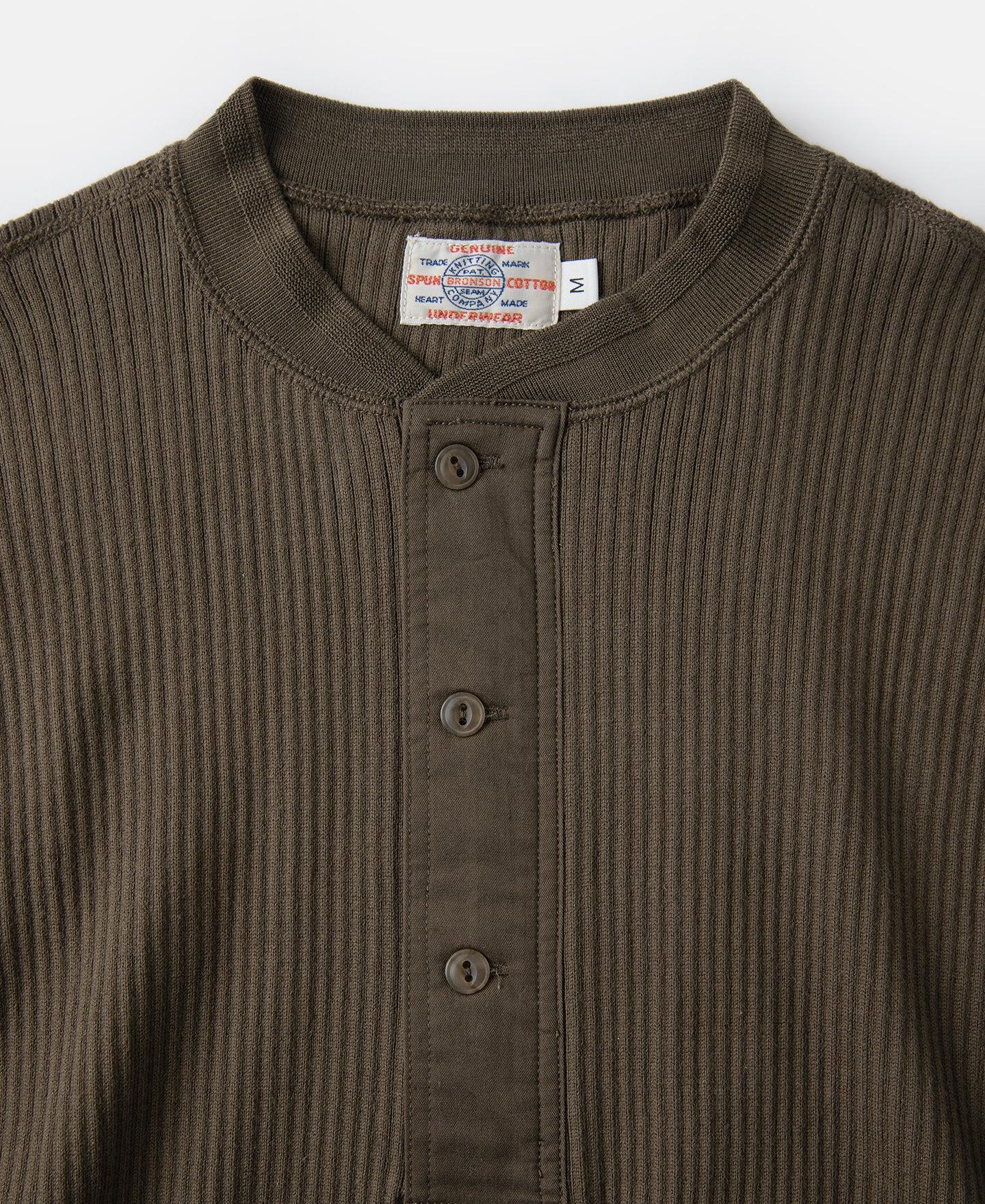 Ribbed Long Sleeve Henley T-Shirt - Olive Brown Product Image
