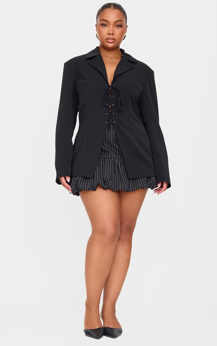 Plus Black Lace Up Tie Front Blazer Product Image