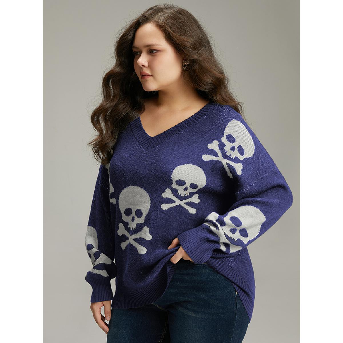 Plus Size Supersoft Essentials Halloween Skull Print V Neck Pullover Indigo Women Casual Long Sleeve V-neck Festival-Halloween Pullovers BloomChic 12/L Product Image