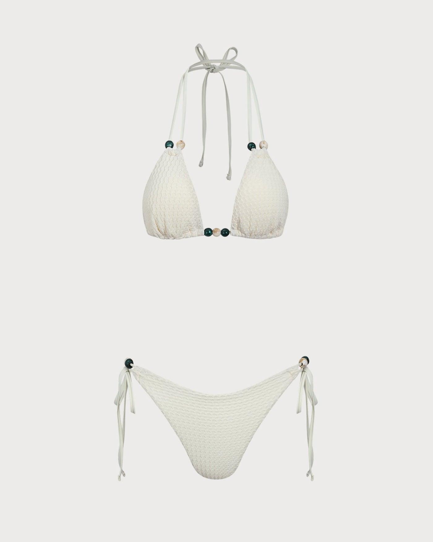 Beige Beaded Halter Bikini Set Product Image