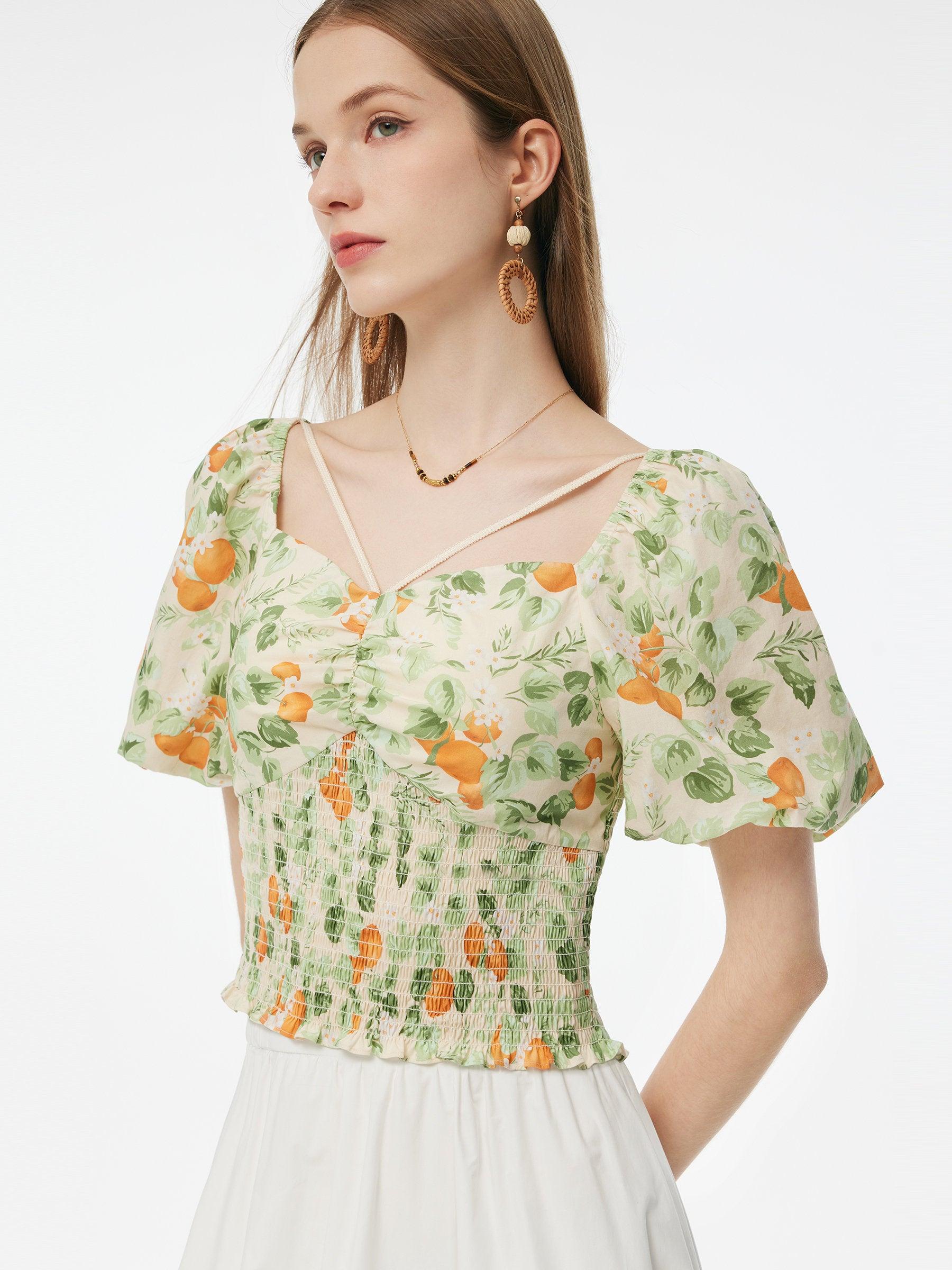 Cotton Floral Print Women Smocked Top Product Image