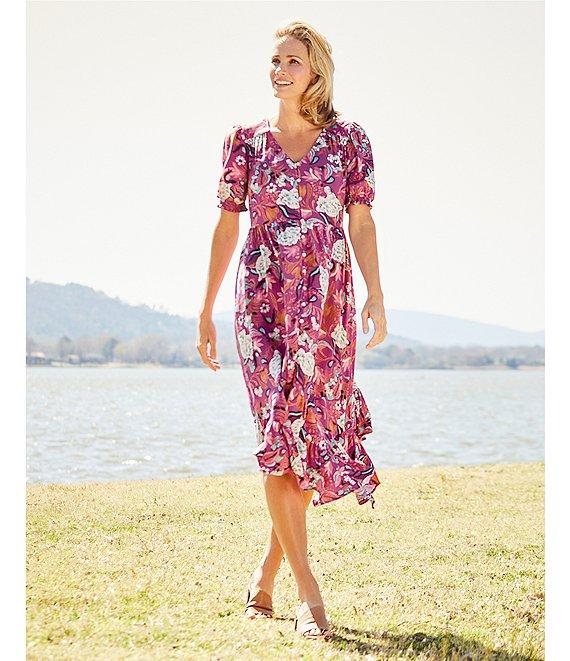 Nurture V-Neck Button Smocked Elbow Sleeves Midi Dress Product Image