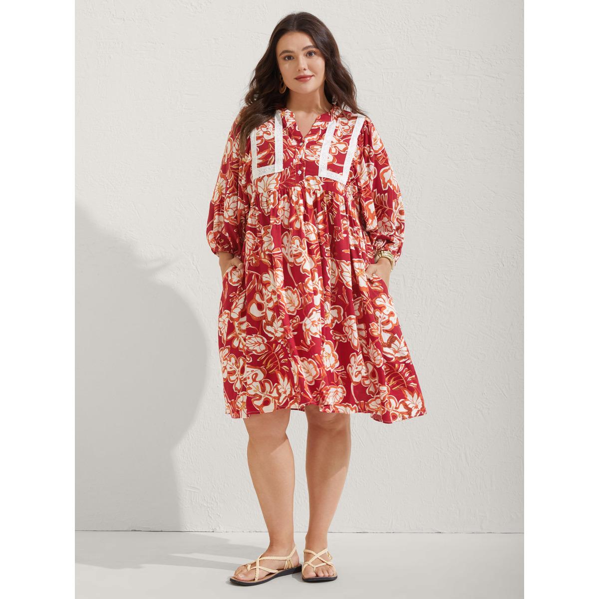 Plus Size Floral Lace Trim Button Front Midi Dress Raspberry Women Flat collar with V-notch Elbow-length sleeve Curvy BloomChic 22-24/3X Product Image