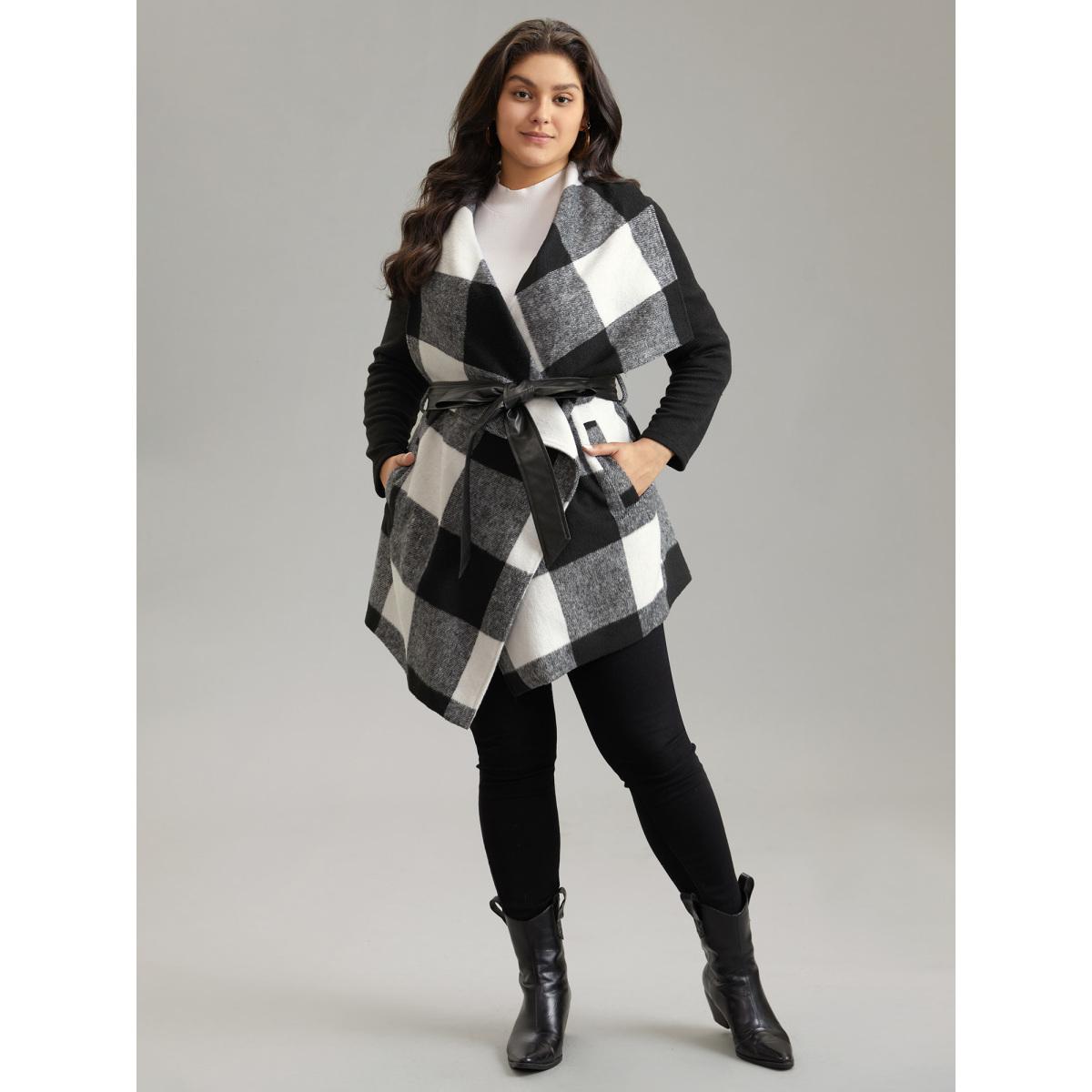 Plus Size Plaid Lapel Collar PU Leather Belted Coat Women Black Casual Belted Ladies Dailywear Winter Coats BloomChic 30/6X Product Image