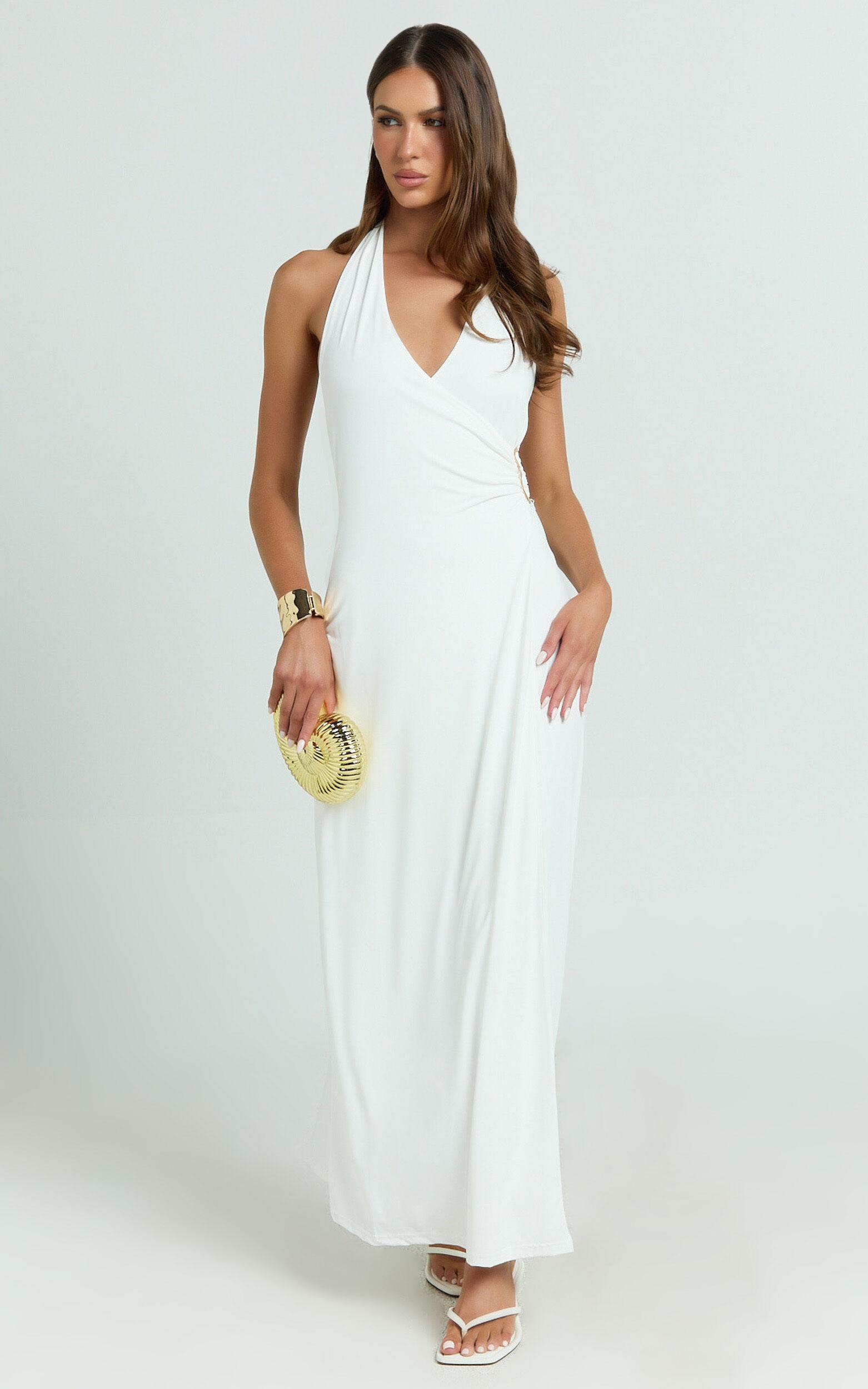 Roseville Maxi - Wrap Front Halter Dress with Hardware Detail in White Product Image