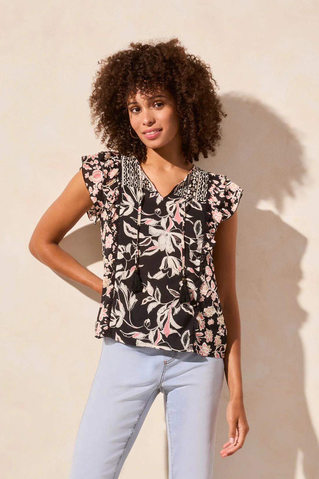 Mixed Print Notch Neck Blouse Product Image