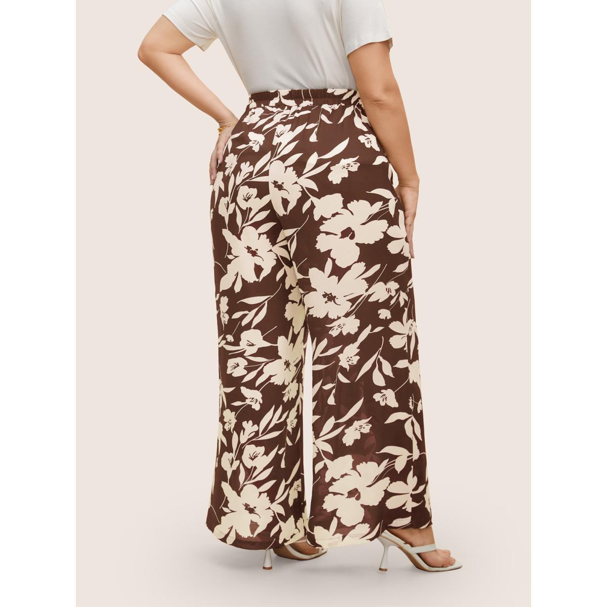 Plus Size Silhouette Floral Print Ties Side Seam Pocket Pants Women Browncoffeecolor Elegant Wide Leg High Rise Everyday Pants BloomChic 22-24/3X Product Image