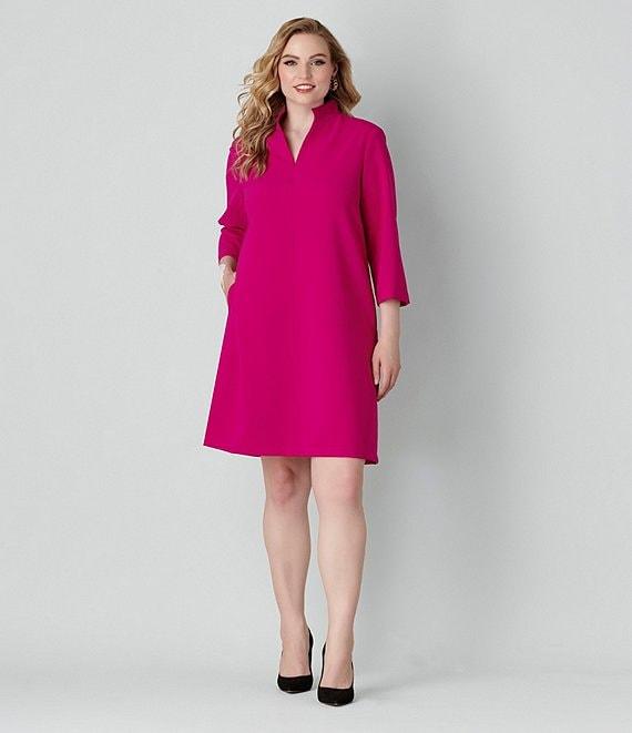 Caroline Rose Plus Taylor Crepe Split Mandarin Collar 3/4 Sleeve A-Line Dress Product Image