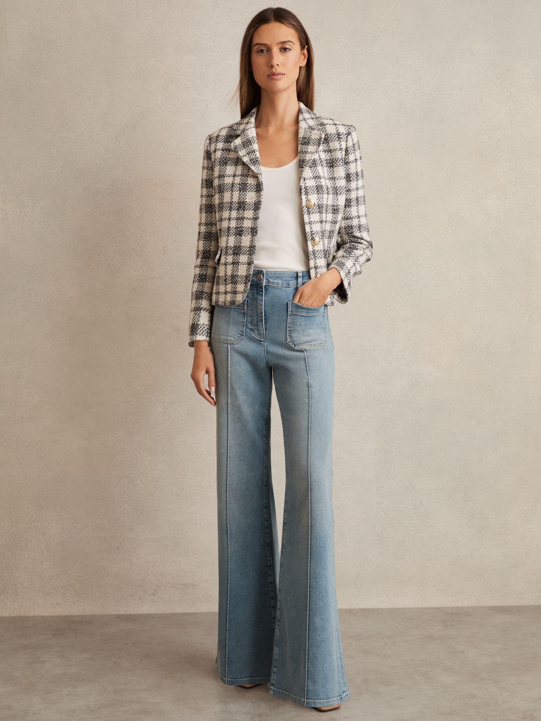 Cotton Blend Check Cropped Jacket in Grey Check Product Image
