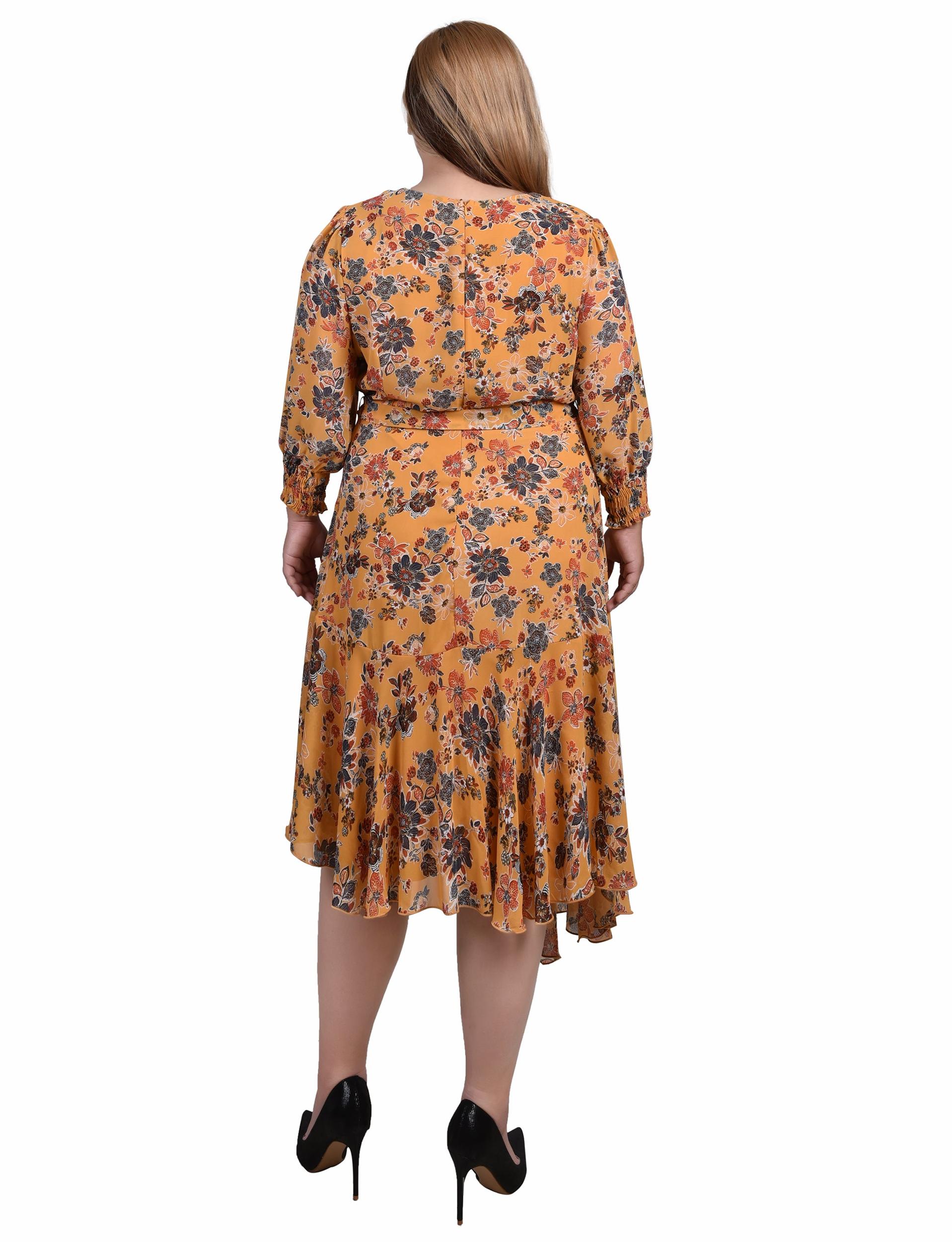 Honey Wallflower 3/4 Sleeve Belted Chiffon Hankerchief Hem Dress - Plus Product Image