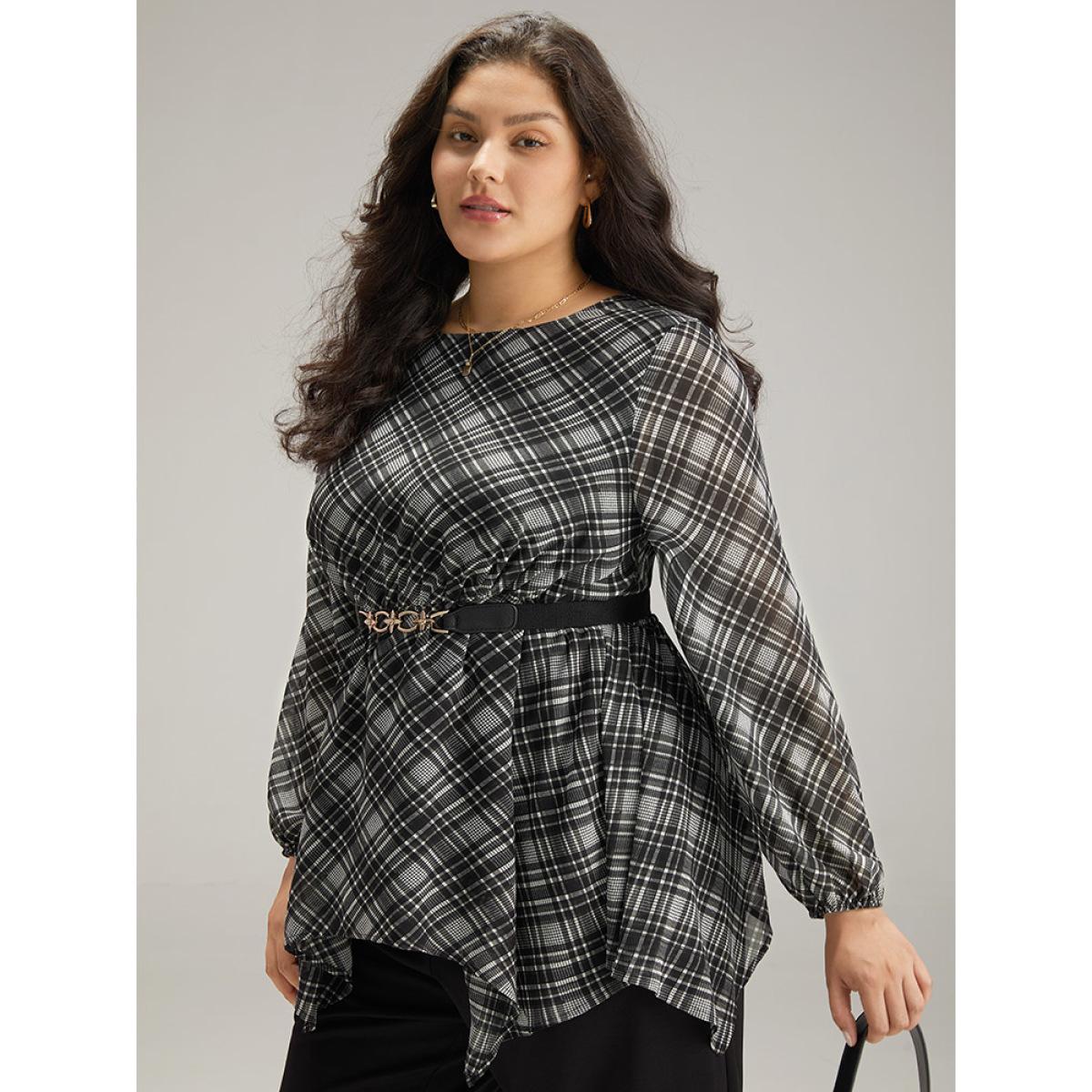 Plus Size Black Plaid Chiffon Lantern Sleeve Hanky Hem Blouse Women Office Long Sleeve Round Neck Office Blouses BloomChic 26/4X Product Image