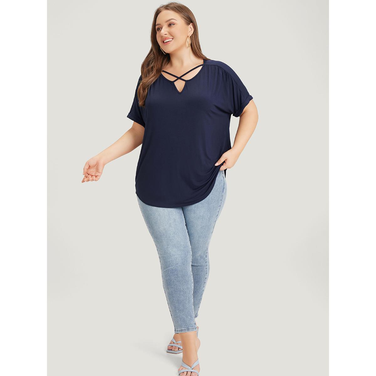Plus Size Solid Notched Crisscross Roll Batwing Sleeve T-shirt Midnight Women Elegant Arc Hem Plain Notched collar Dailywear T-shirts BloomChic 14-16/1X Product Image