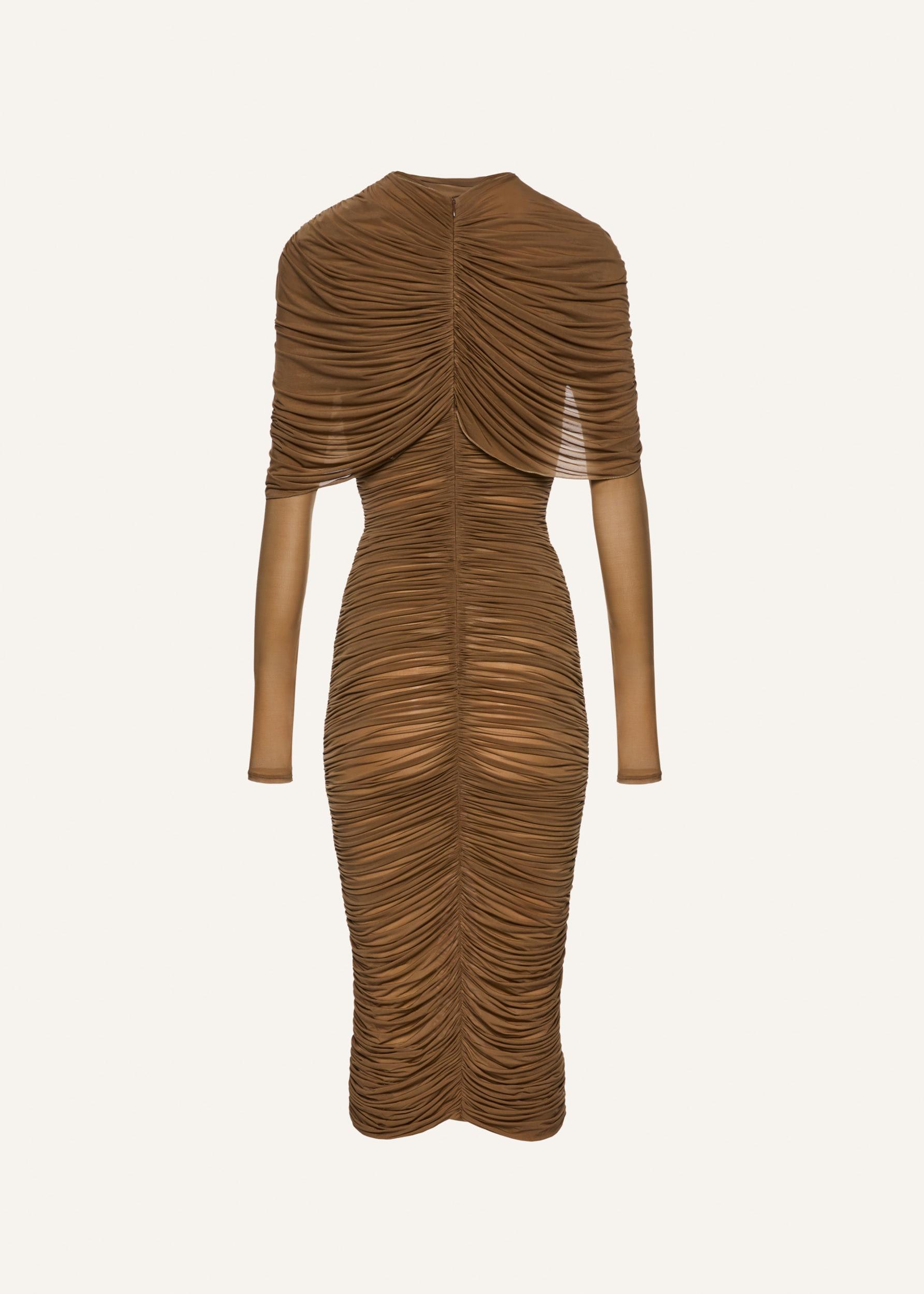 Draped high-neck midi dress in beige Product Image