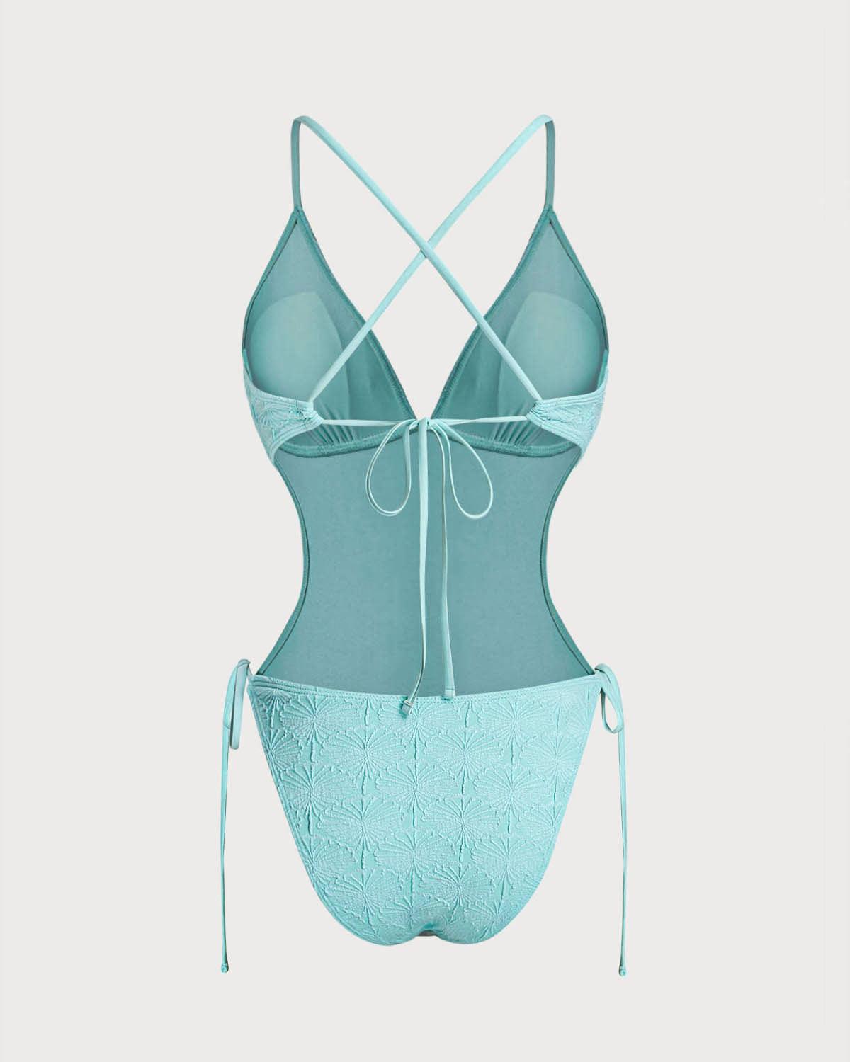 Blue Textured Bralette One Piece Swimwear Product Image