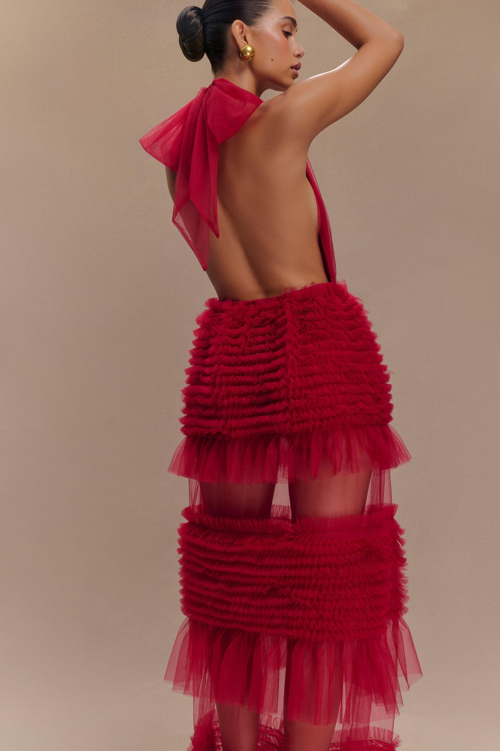 Minka Mesh Ruffle Halter Maxi Dress - Red Product Image