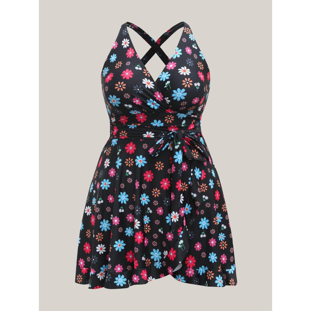Plus Size Colorful Floral Print Fit Flare Swim Dress Women's Swimwear Black Resort Bodycon Overlap Collar High stretch Curve Swim Dresses BloomChic 22-24/3X Product Image