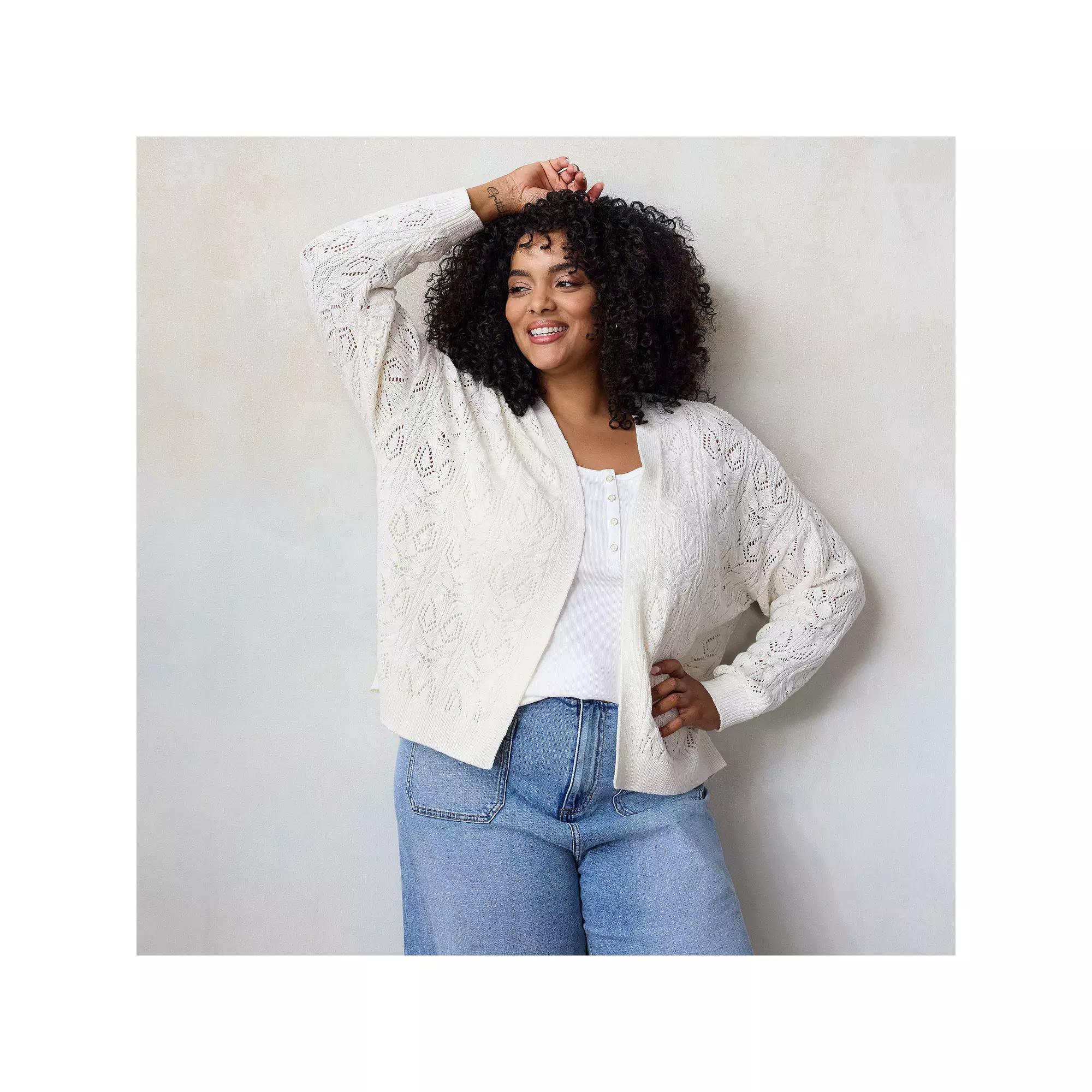 Plus Size LC Lauren Conrad Open Front Pointelle Stitch Cardigan, Women's, Size: 2XL, Ivory Silk Product Image