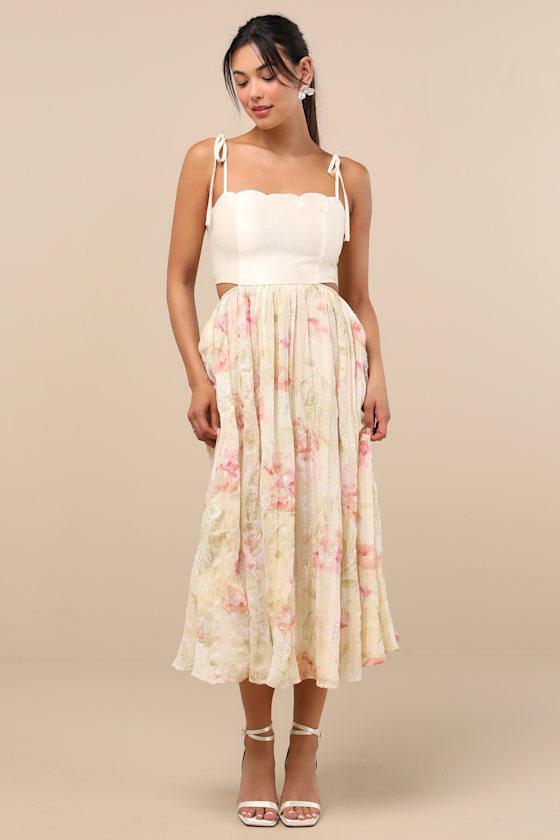 Rosalee Ivory Floral Mixed Media Midi Dress Product Image