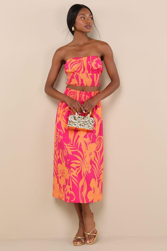 Luana Pink and Orange Floral High-Rise Midi Skirt Product Image