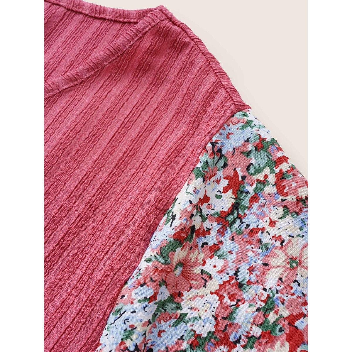 Plus Size Ditsy Floral Patchwork Plisse Flutter Sleeve T-shirt Pink Women Elegant V-neck Everyday T-shirts BloomChic 12/L Product Image