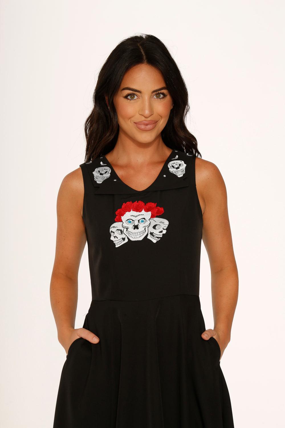 Rose Skulls Embroider Swing Dress Product Image