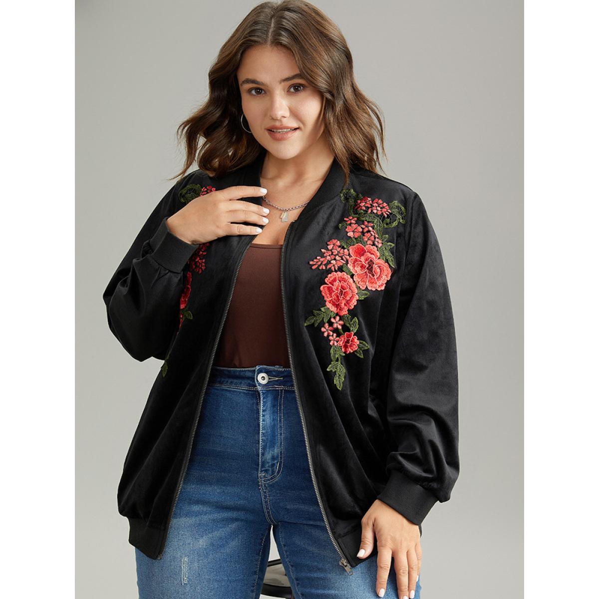 Plus Size Velvet Floral Embroidered Zipper Pocket Bomber Jacket Women Black Contrast Pocket Dailywear Jackets BloomChic 10/M Product Image