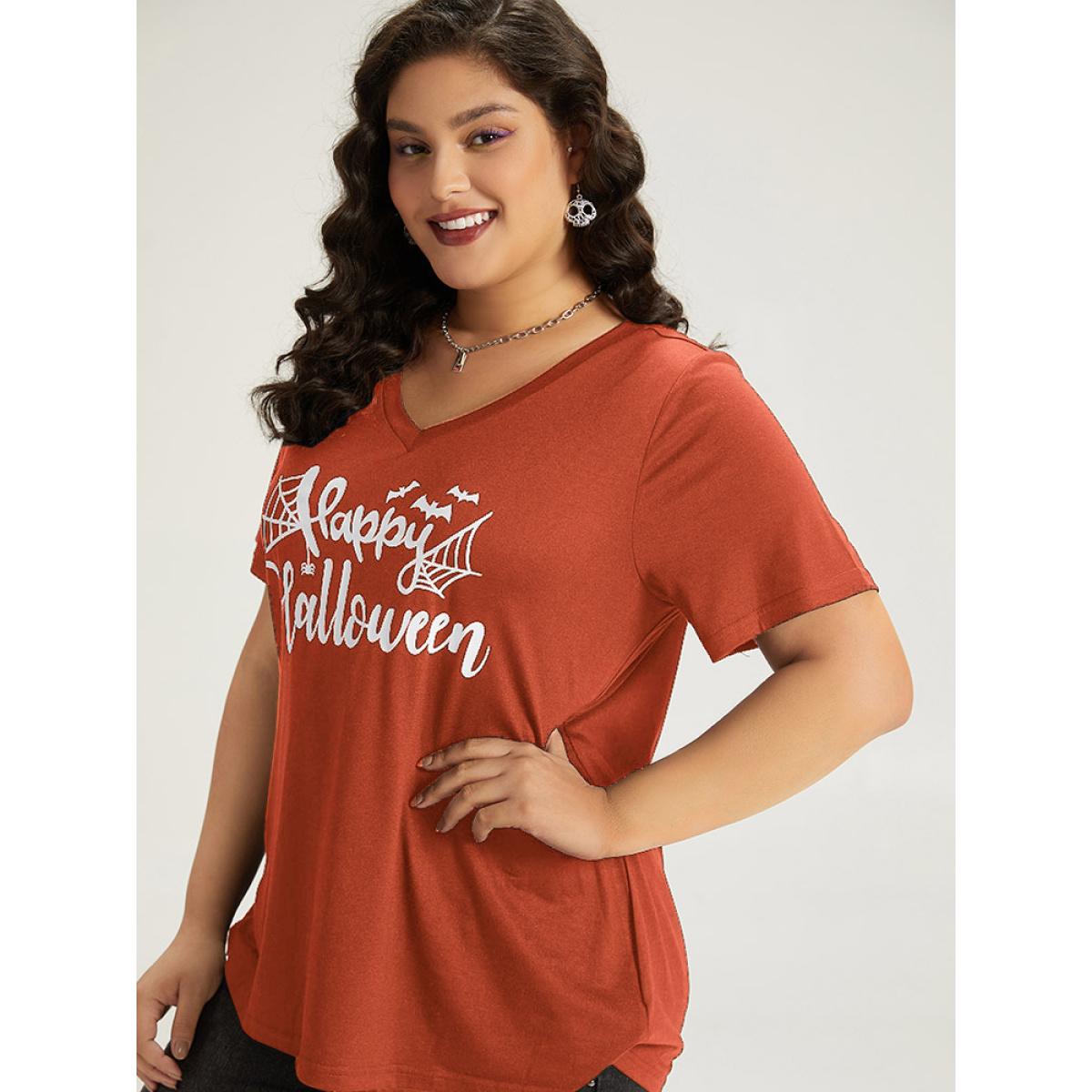 Plus Size Halloween Letter Print V Neck T-shirt Chocolate Women Casual Printed Halloween Festival-Halloween T-shirts BloomChic 12/L Product Image