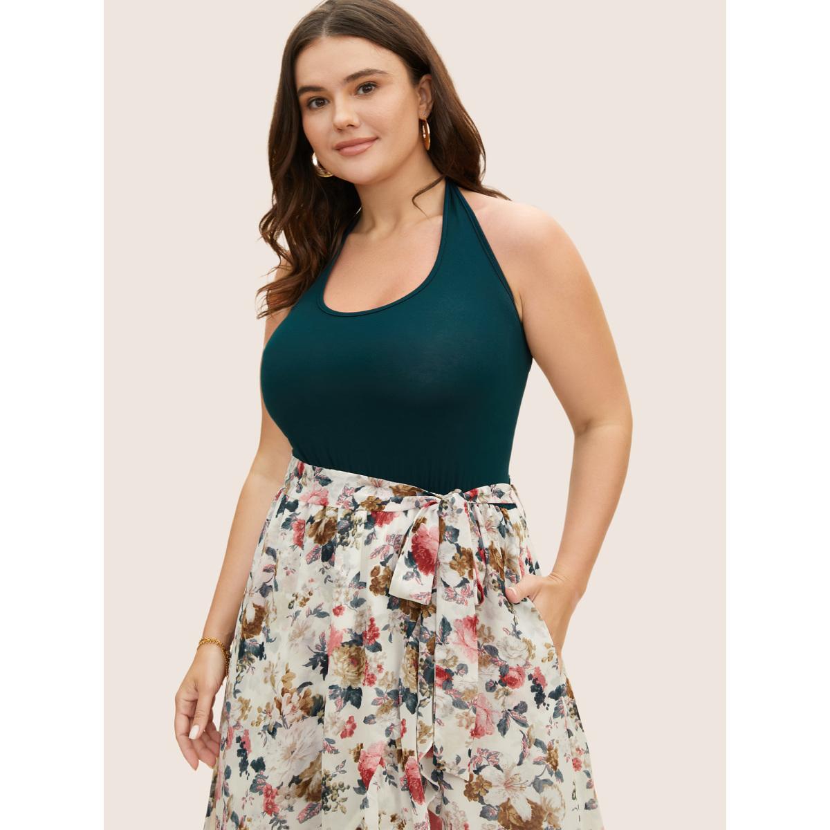 Plus Size Halter Neck Patchwork Floral Belted Dress DarkGreen Women Elegant Halter neck Sleeveless Curvy BloomChic 10/M Product Image