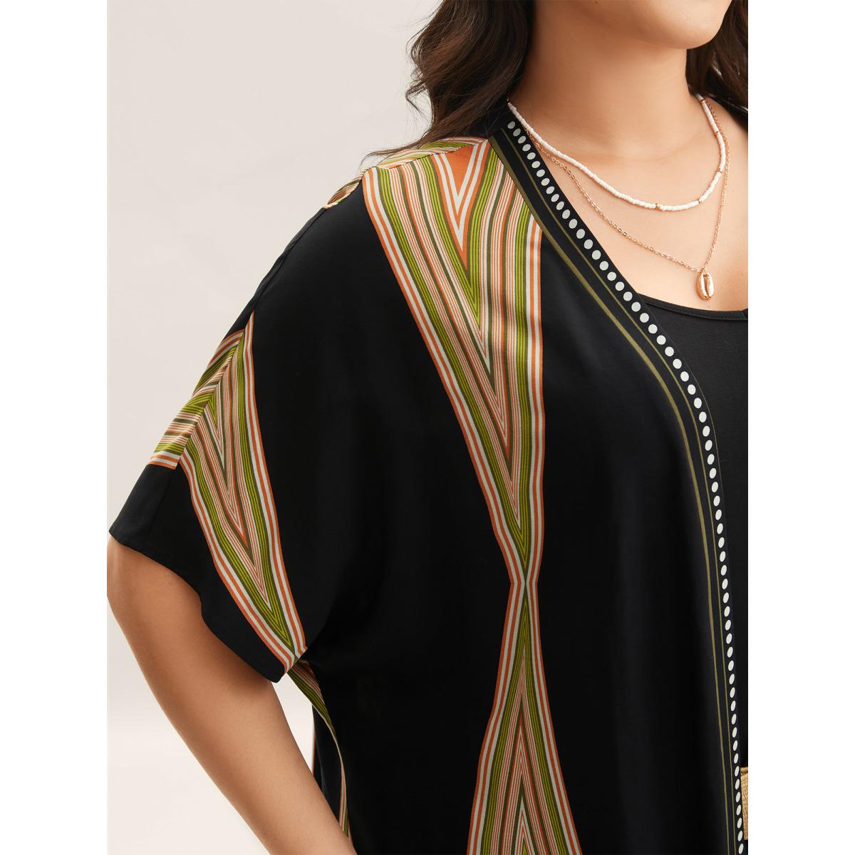 Plus Size Rayon Boho Print Front-Open Kimono Women Black Contrast Loose Vacation Kimonos BloomChic 10/M Product Image