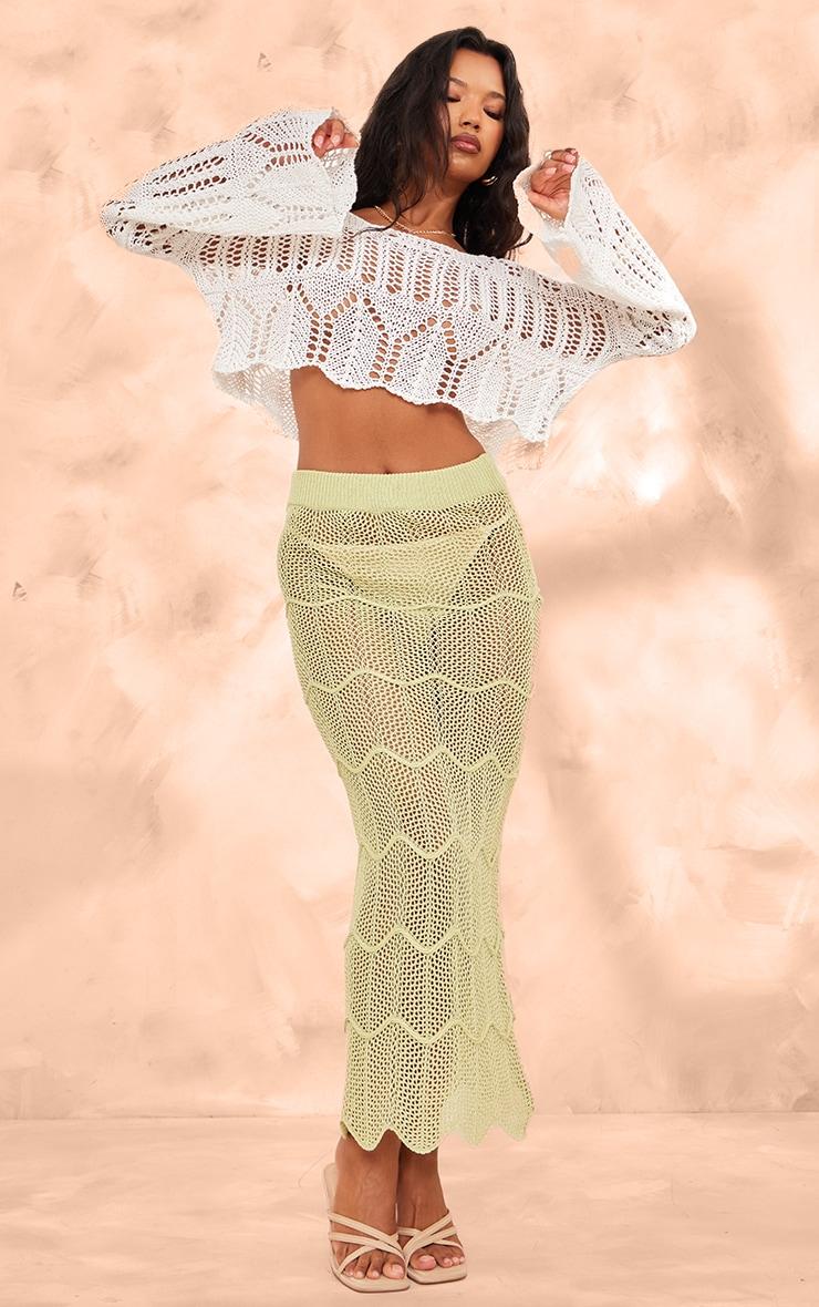 Off White Open Crochet Knit Slouchy Flared Sleeve Sweater Product Image