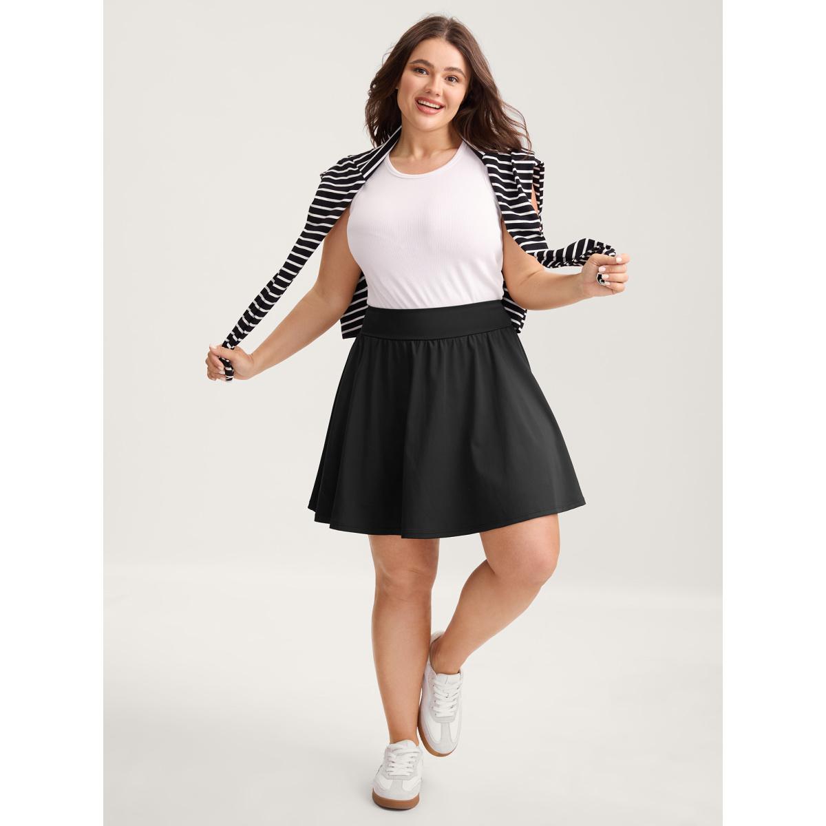 Plus Size Wide Stretchy Waist Flared Midi Skirt Women Black Leisure Loose Medium stretch Side seam pocket Casual Skirts BloomChic 10/M Product Image