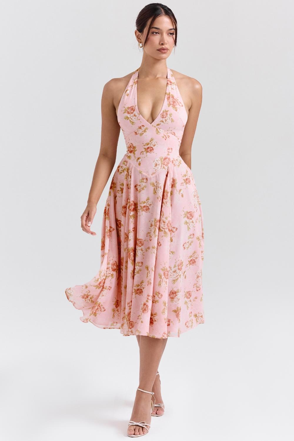 Solada  english vintage rose print georgette halter sundress Product Image