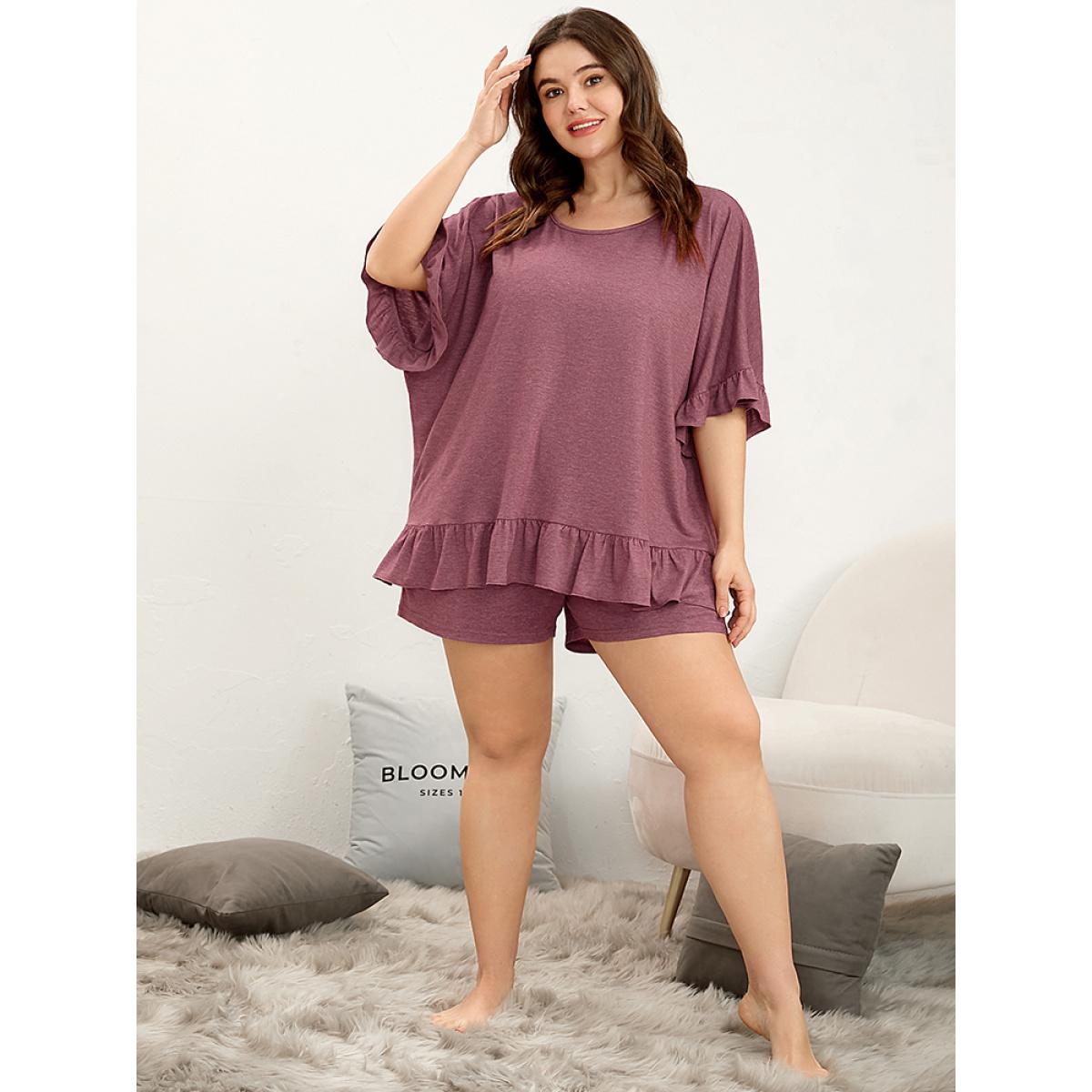Plus Size Plain Round Neck Ruffle Trim Sleep Top Women Russet Elegant Plain Ruffles Round Neck Loungewear BloomChic 10/M Product Image