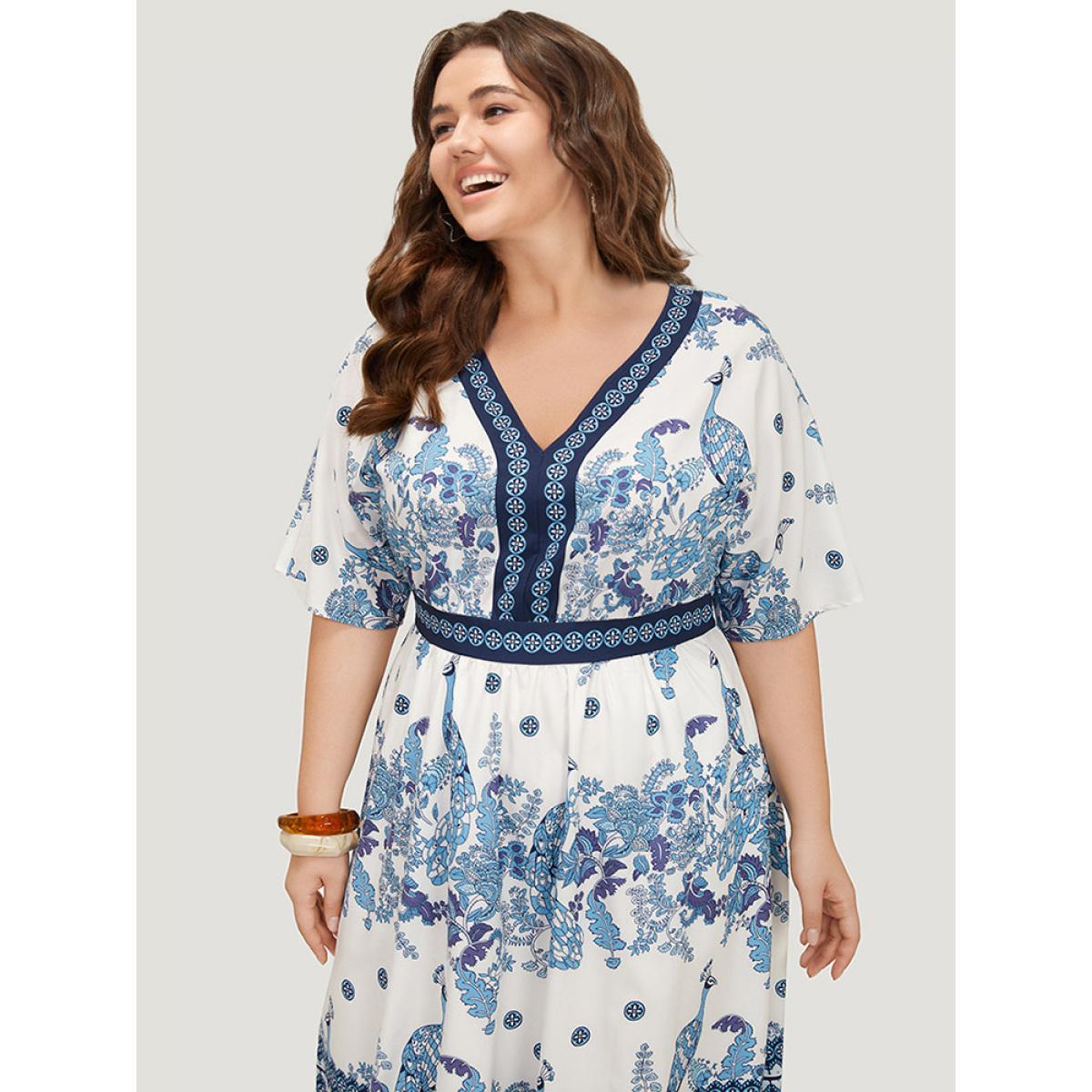 Plus Size Bandana Print Ruffles Pocket Batwing Sleeve Dress Indigo Women Vacation Lined V-neck Half Sleeve Curvy Midi Dress BloomChic 12/L Product Image