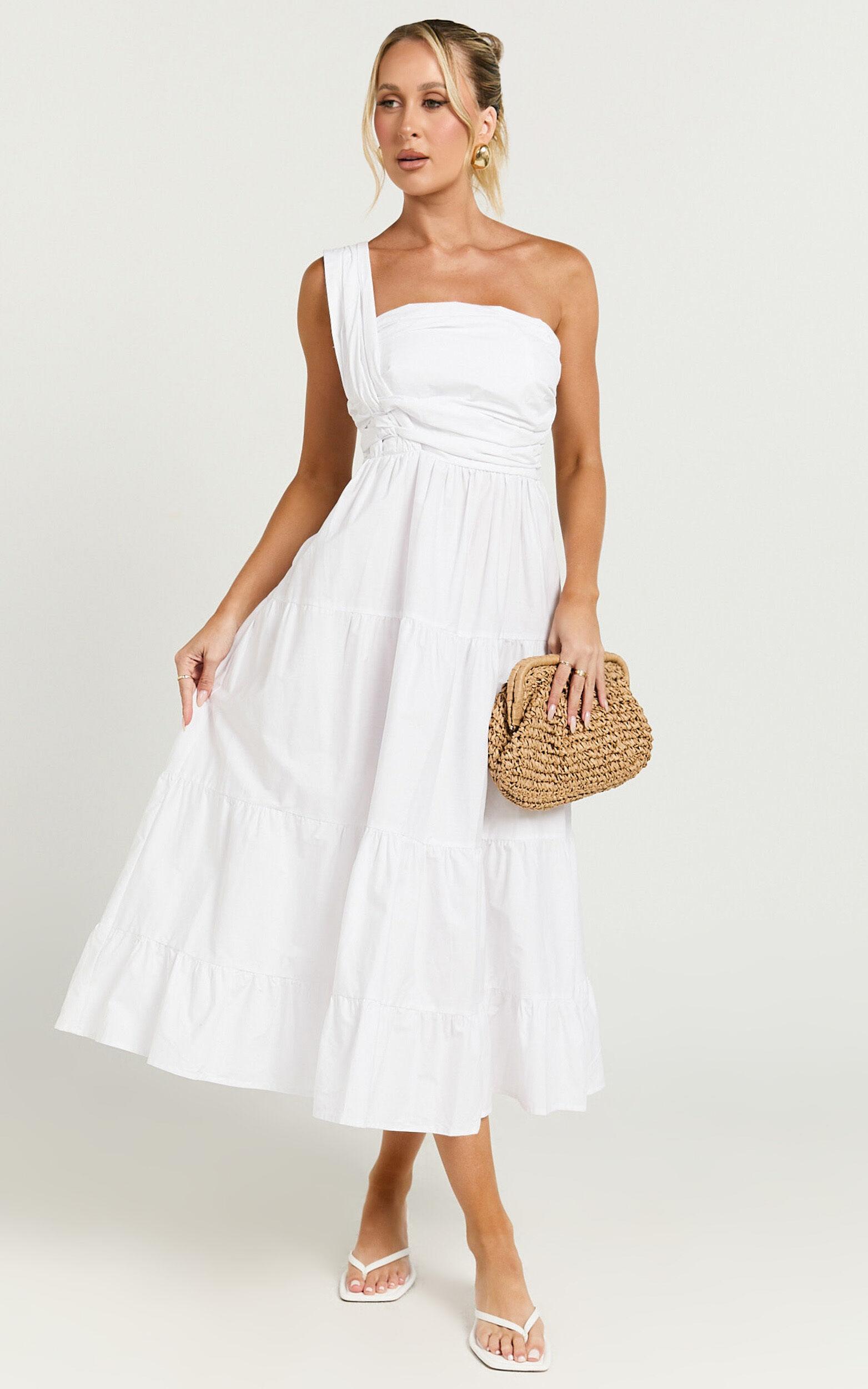 Stephanie Midi Dress - One Shoulder Tiered Midi Dress in White Product Image