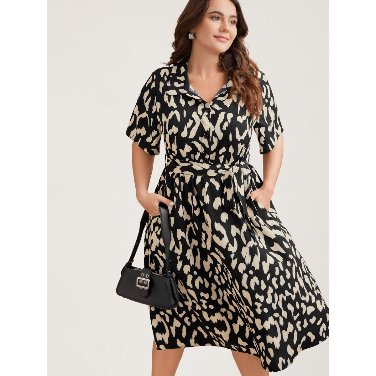 Plus Size Waist-Tie Pockets Shirt Collar Midi Dress Black Women At the Office Belted Shirt collar Short sleeve Curvy BloomChic 30/6X Product Image