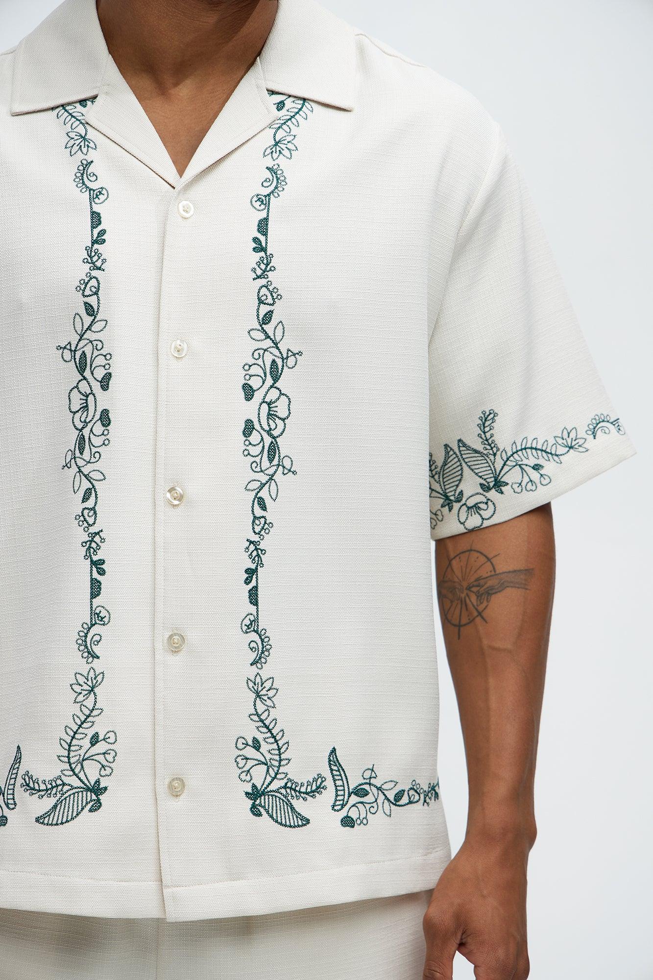 Vine Border Embroidery Cuban Shirt - Cream Product Image