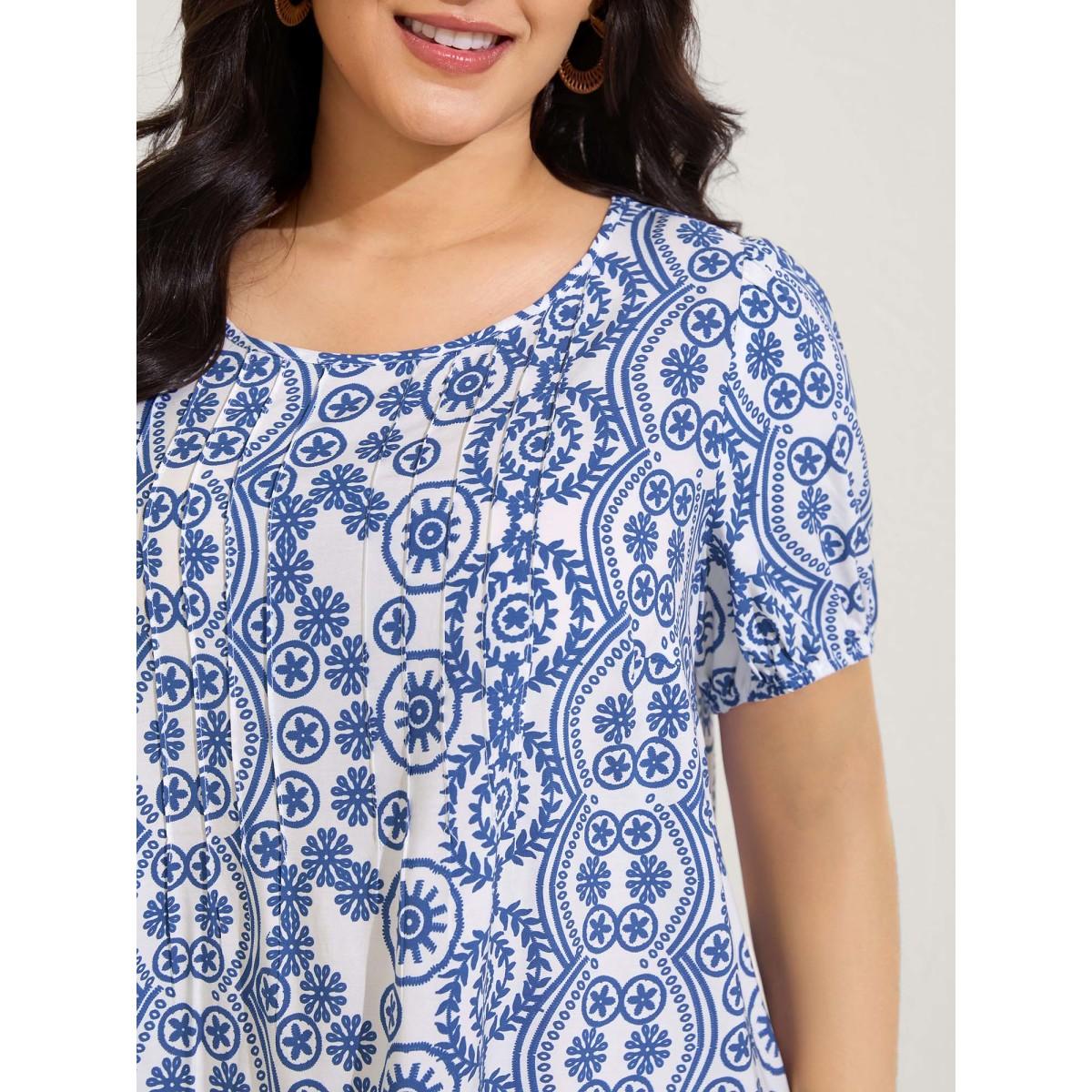 Plus Size DarkBlue Boho Print Toothpick Pleat Blouse Women Short sleeve Round Neck Vacation Blouses BloomChic 10/M Product Image