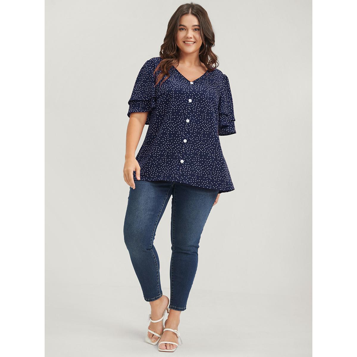 Plus Size Navy Polka Dot Ruffle Sleeve Button Front Blouse Women Elegant Short sleeve V-neck Dailywear Blouses BloomChic 28/5X Product Image