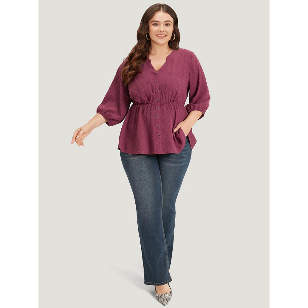 Plus Size Purple Plain Notched Button Through Lantern Sleeve Blouse Women Office Elbow-length sleeve Notched collar Office Blouses BloomChic 28/5X Product Image