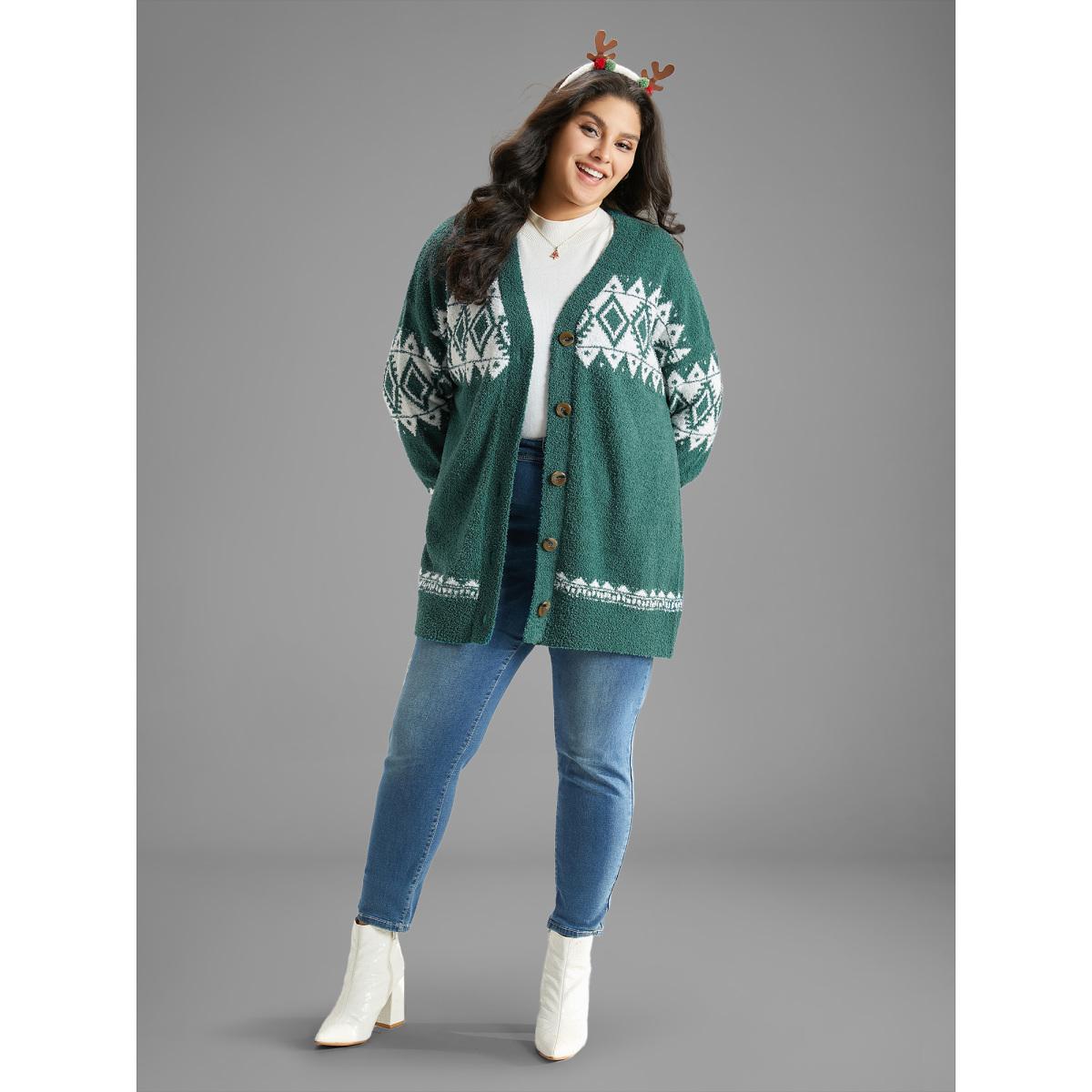 Plus Size Fuzzy Geo Graphic Button Fly Cardigan DarkGreen Women Casual Loose Long Sleeve Festival-Christmas Cardigans BloomChic 26/4X Product Image