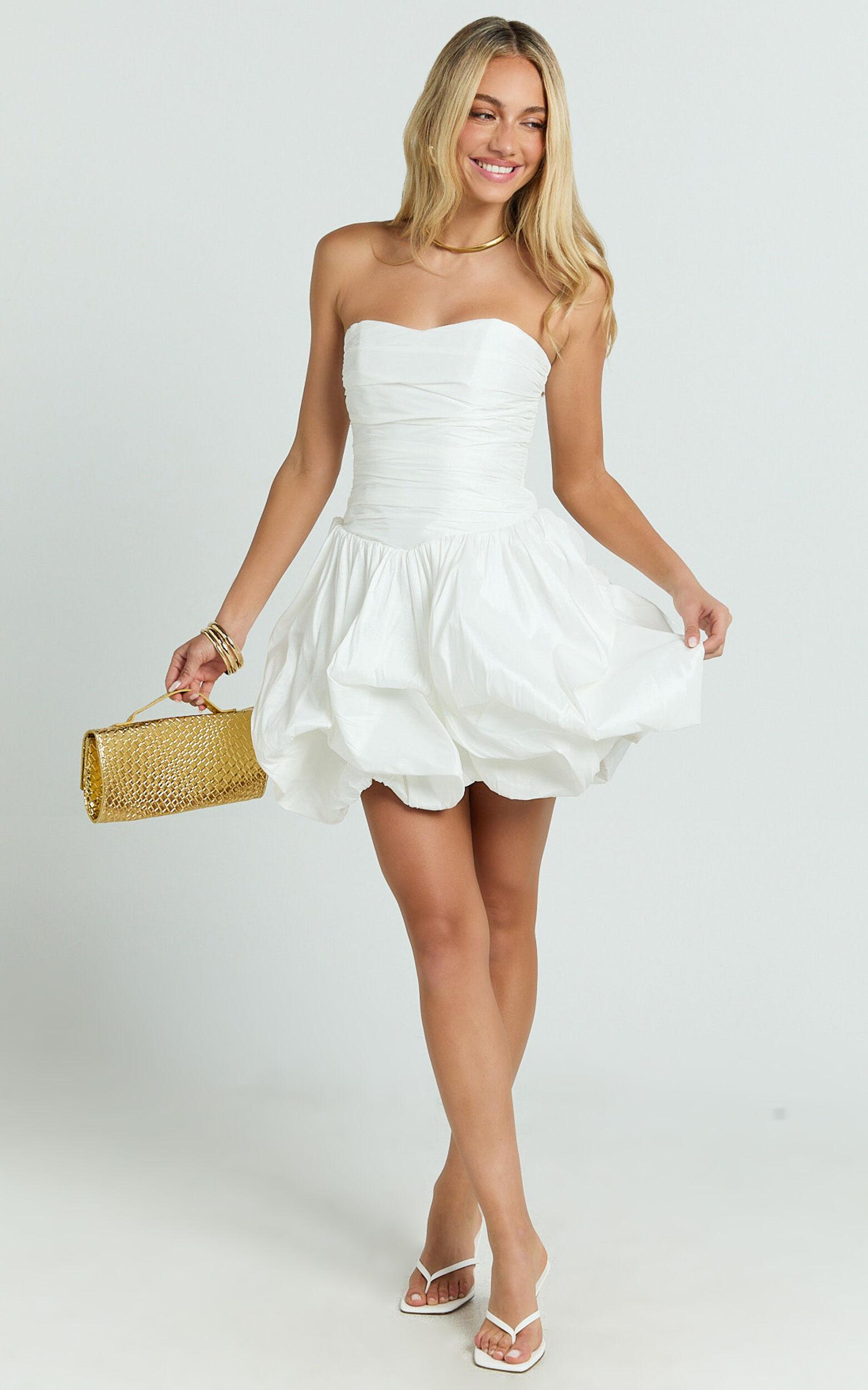 Deb Mini Dress - Ruched Strapless Bubble Hem Dress in Off White Product Image
