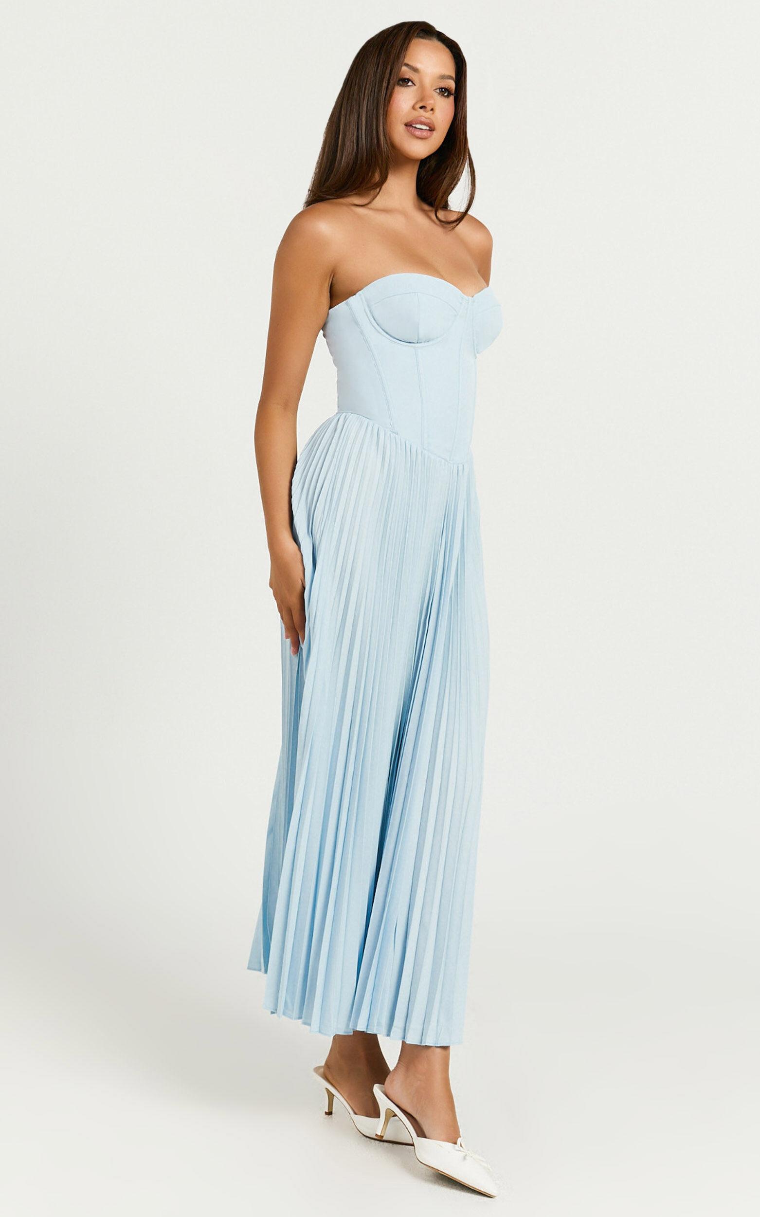 Loretta Midi Dress - Lace Up Back Bustier Pleated Dress in Light Blue Product Image