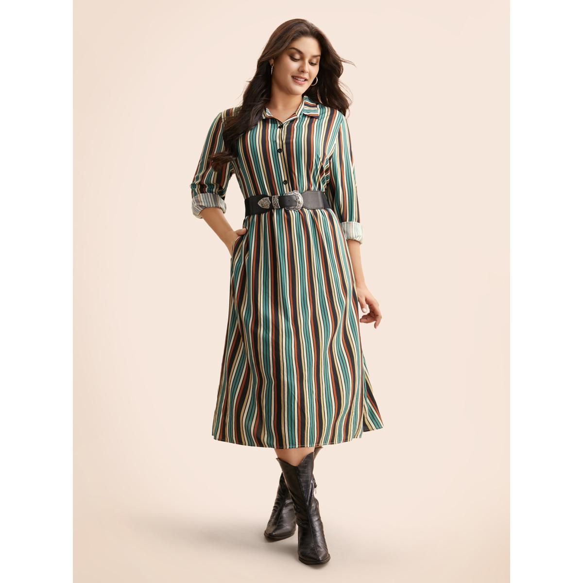 Plus Size Shirt Collar Contrast Striped Midi Dress Multicolor Women Leisure Button Shirt collar Long Sleeve Curvy BloomChic 10/M Product Image