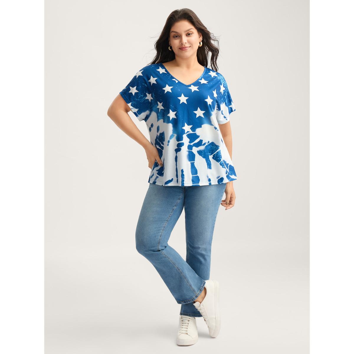 Plus Size Tie-Dye Star Print T-Shirt Mediumblue Women Contrast Country V-neck Everyday-Casual T-shirts BloomChic 10/M Product Image