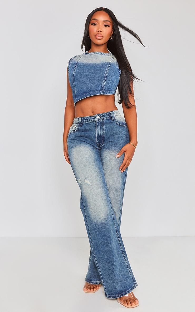 Shape Mid Blue Acid Wash Denim Washed Asymmetric Crop Top Product Image