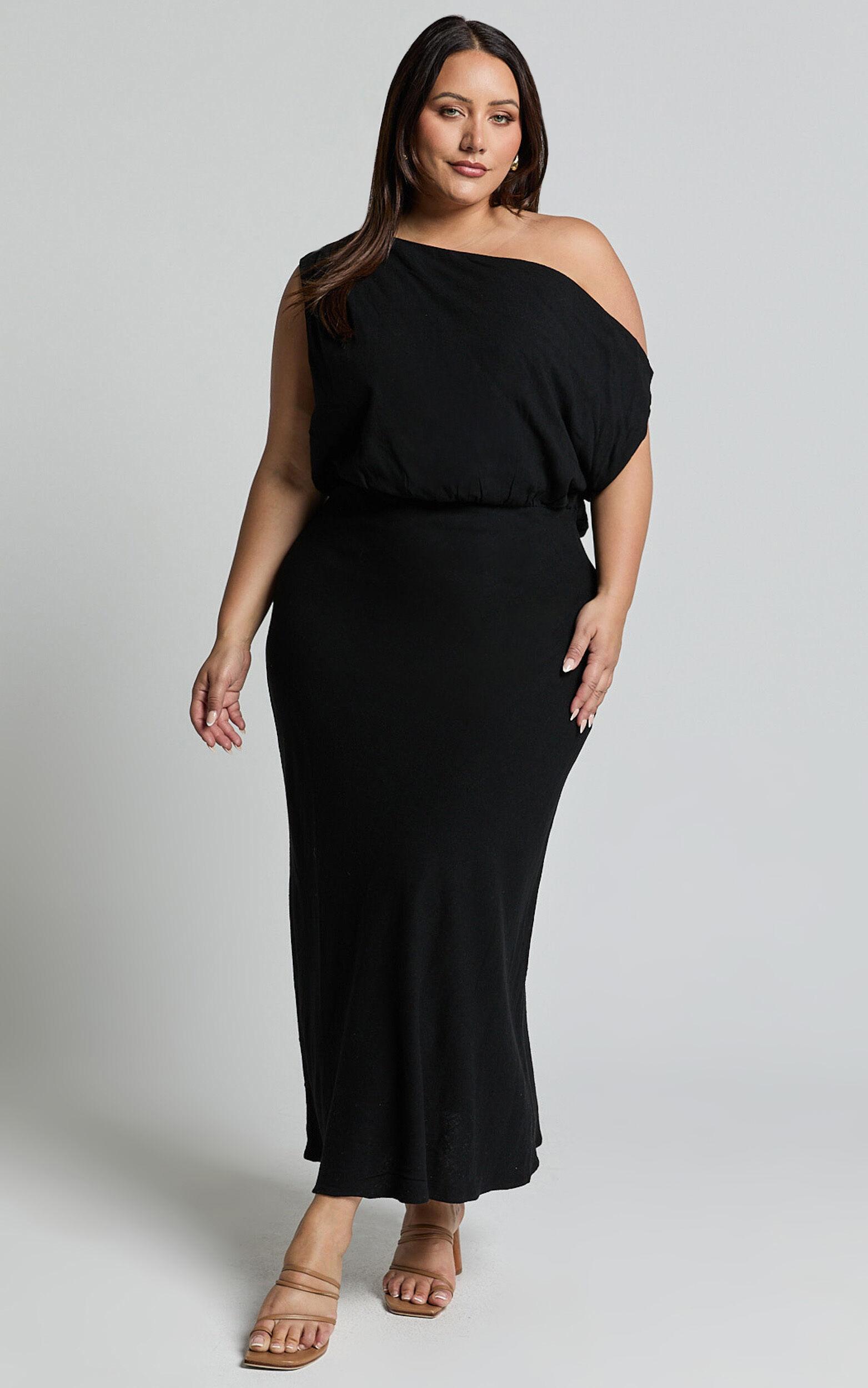 Jacqueline Midi Dress - Linen One Shoulder Dress in Black Product Image